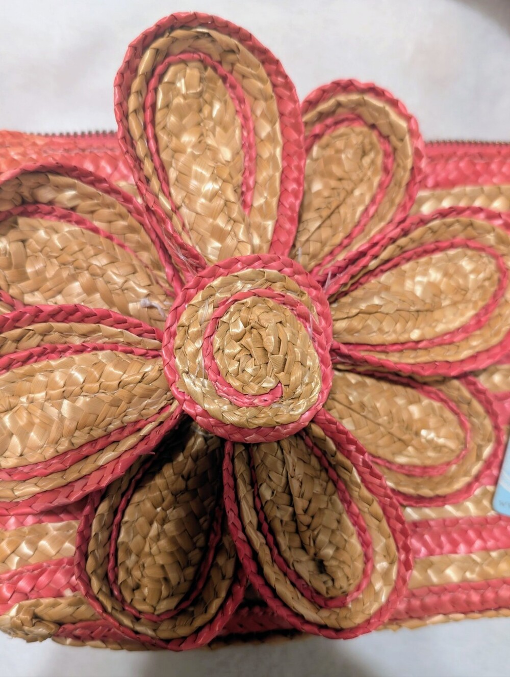 NWT Mud Pie Pink and Natural Straw Flower Clutch Bag
